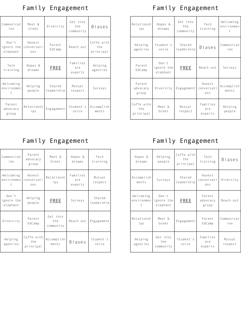 Family Engagement Bingo Cards