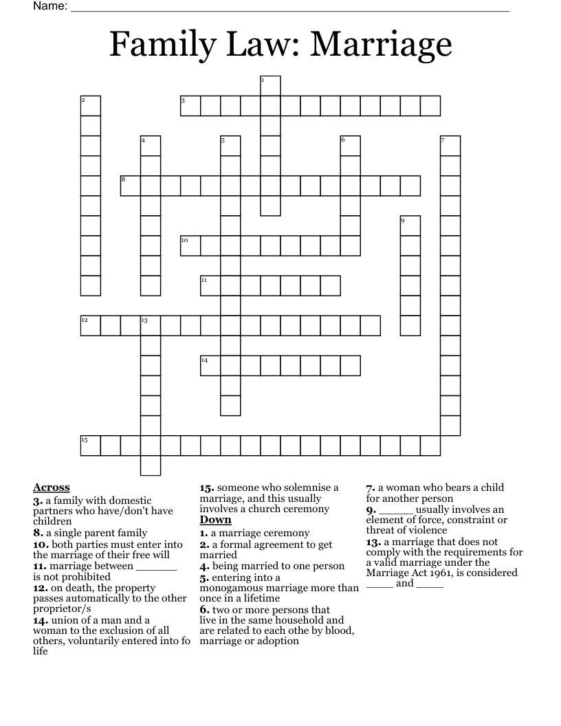 Family Law: Marriage Crossword
