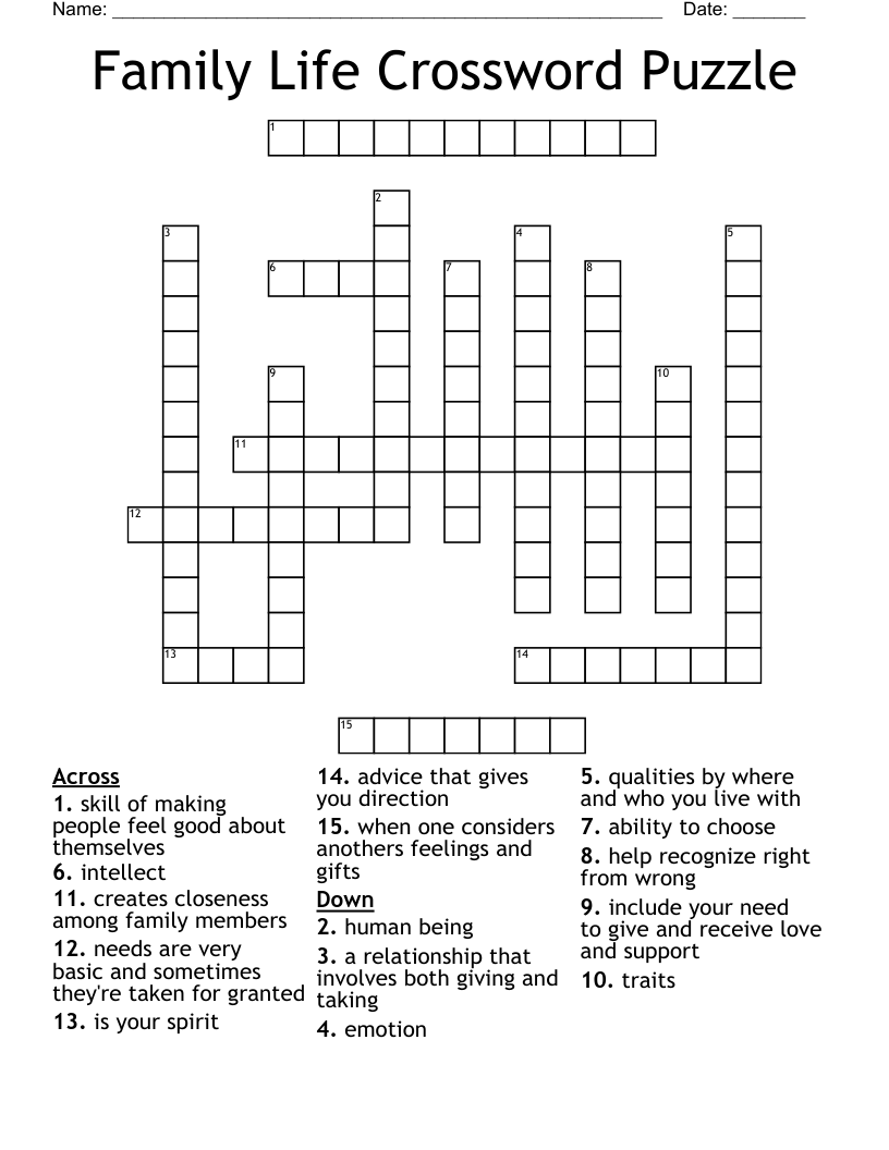 Family Life Crossword Puzzle