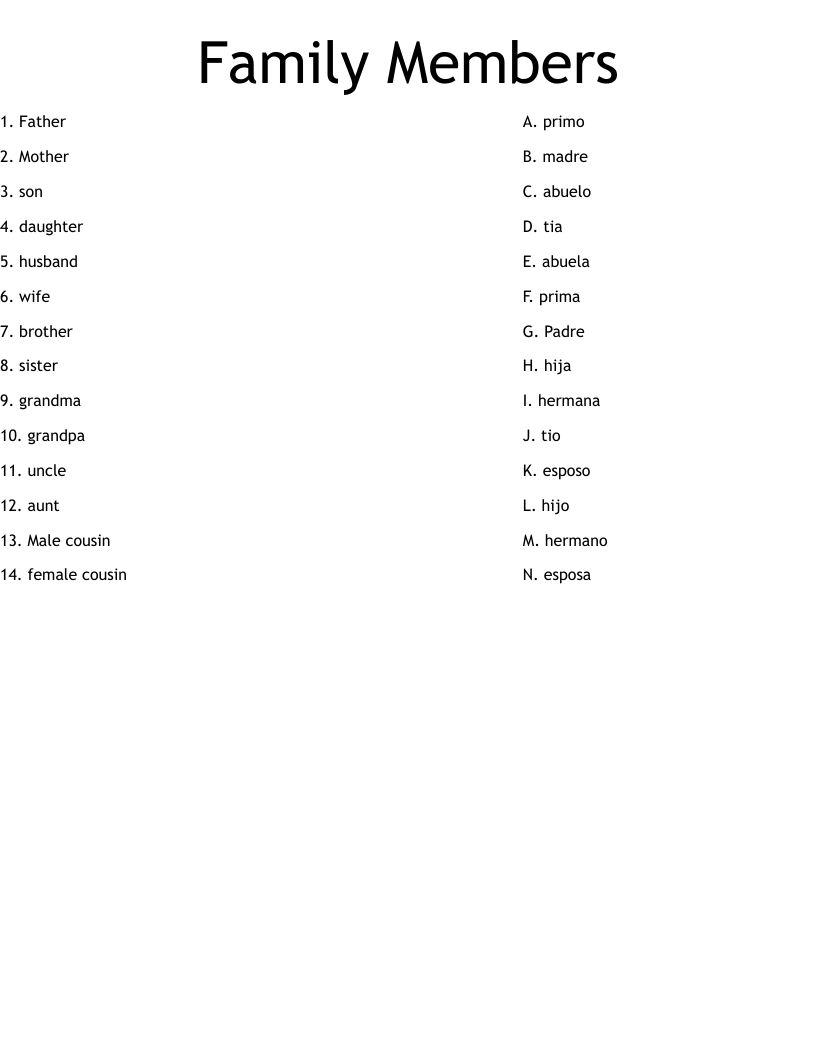 Family Members Worksheet