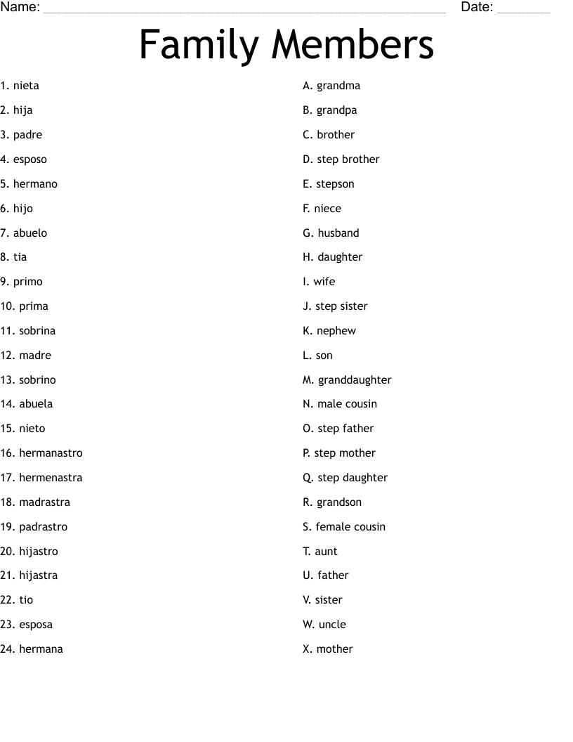 Family Members Worksheet