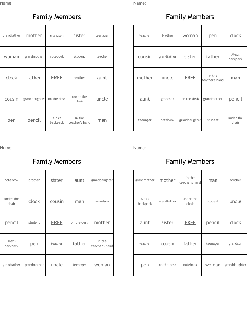 Family Members Bingo Cards