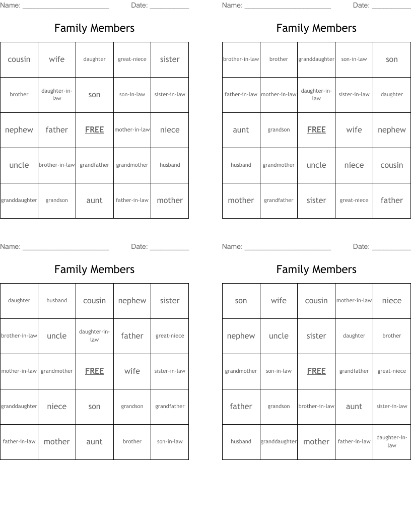 Family Members Bingo Cards