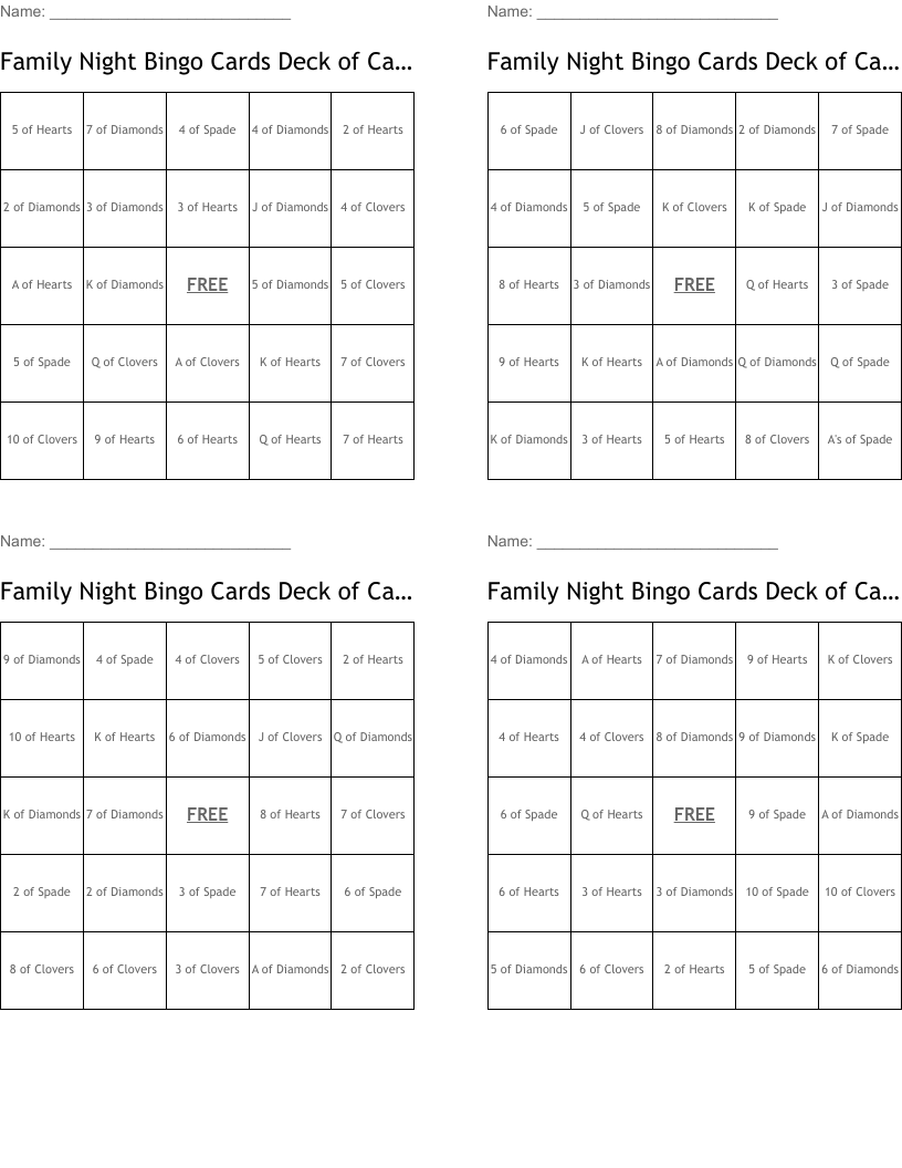 Family Night Bingo Cards Deck of Cards
