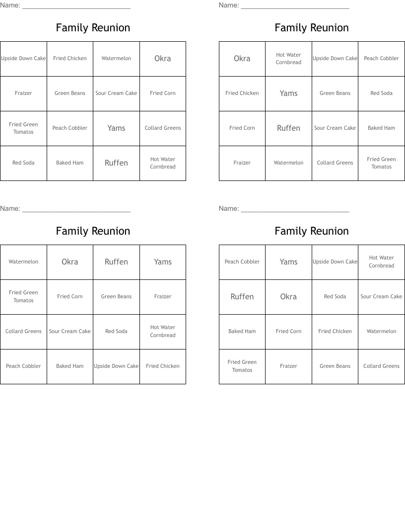 Family Reunion Bingo Cards