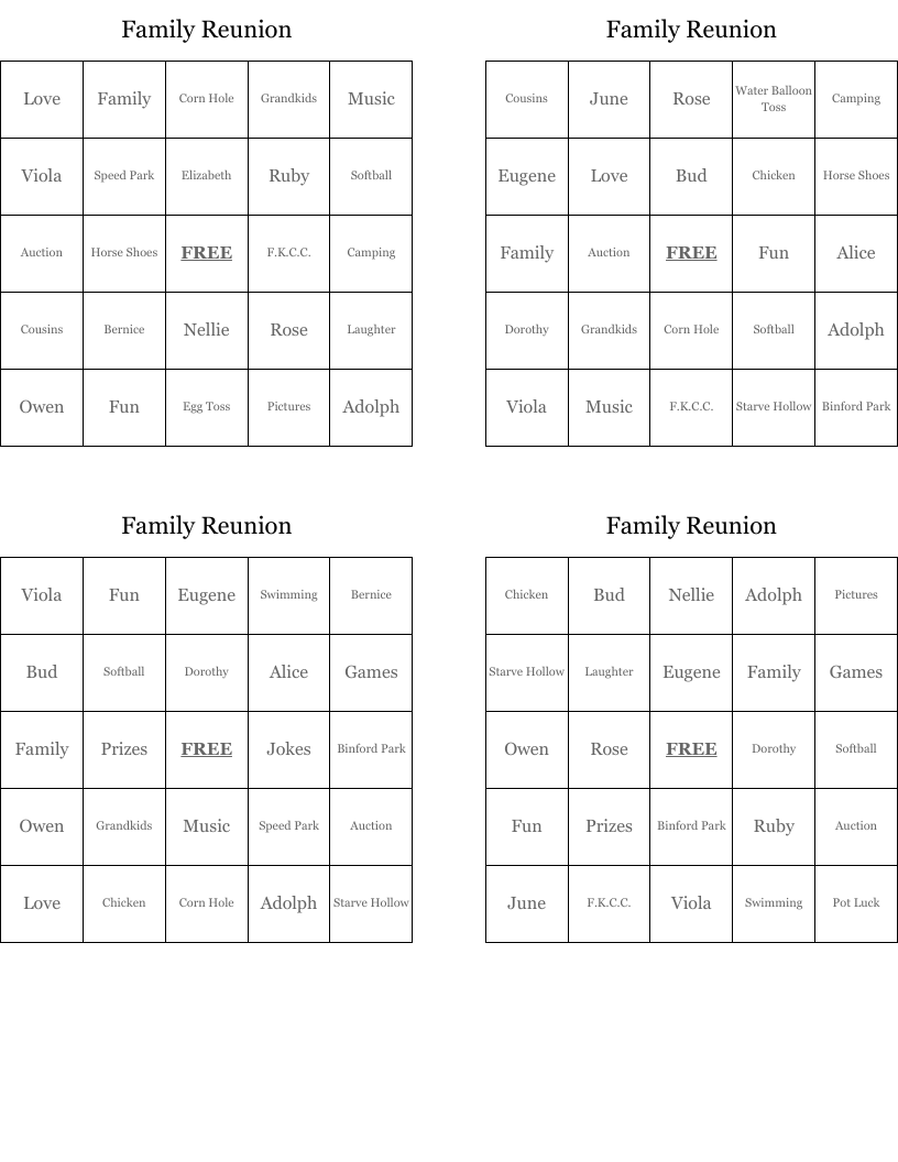 Family Reunion Bingo Cards
