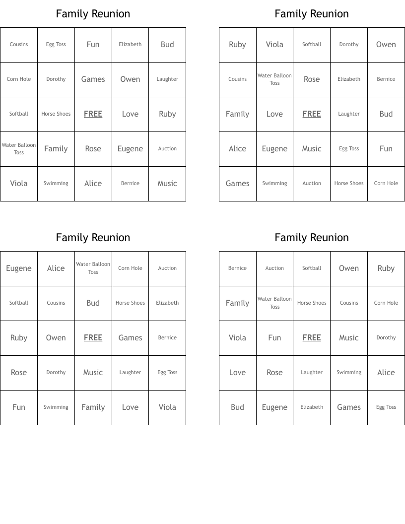 Family Reunion Bingo Cards