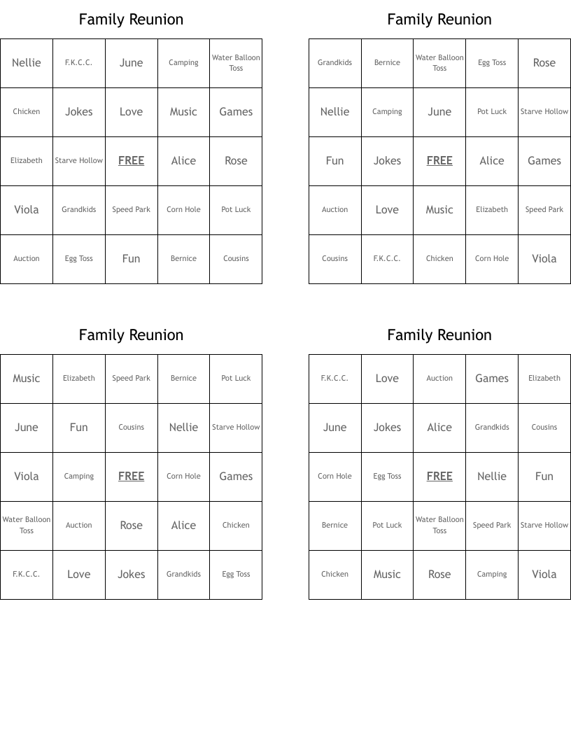 Family Reunion Bingo Cards