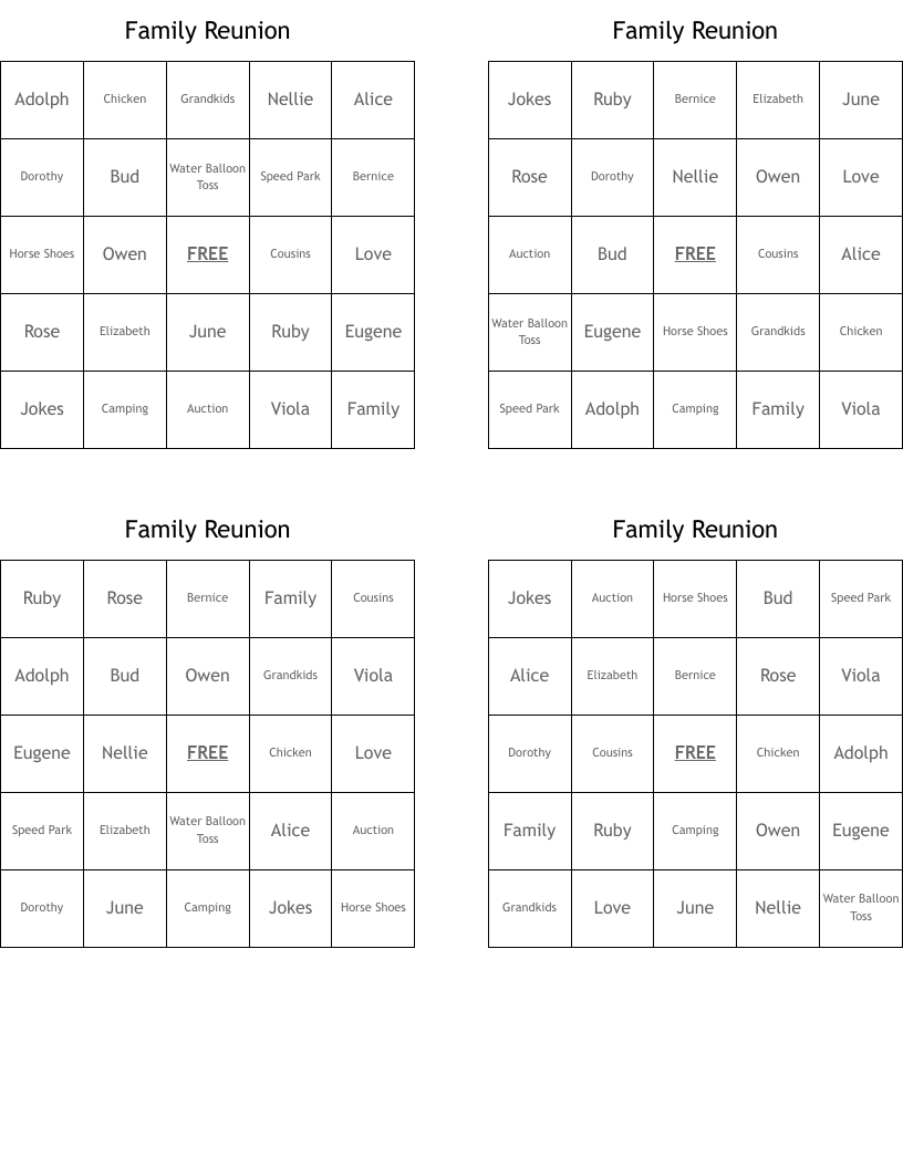 Family Reunion Bingo Cards