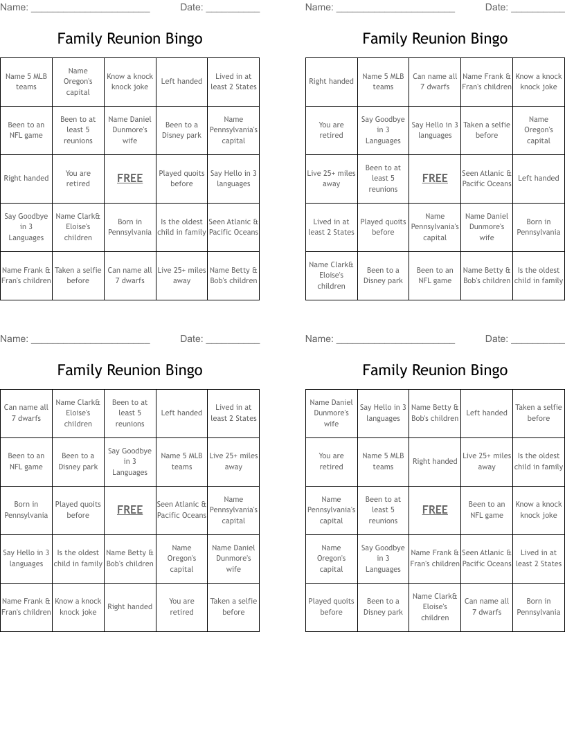 Family Reunion Bingo