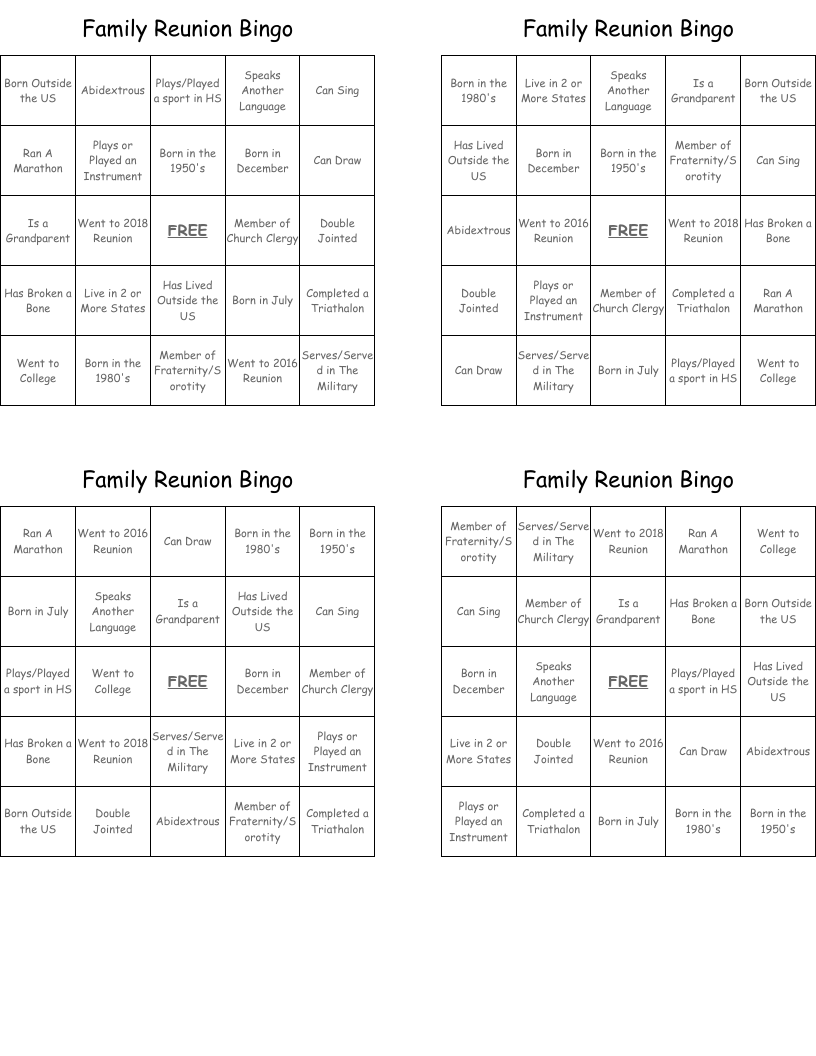 Family Reunion Bingo 