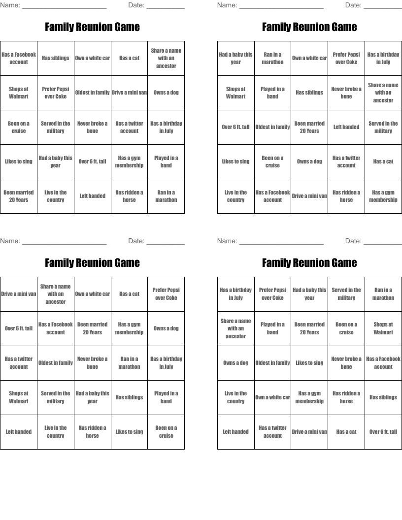 Family Reunion Game Bingo Cards
