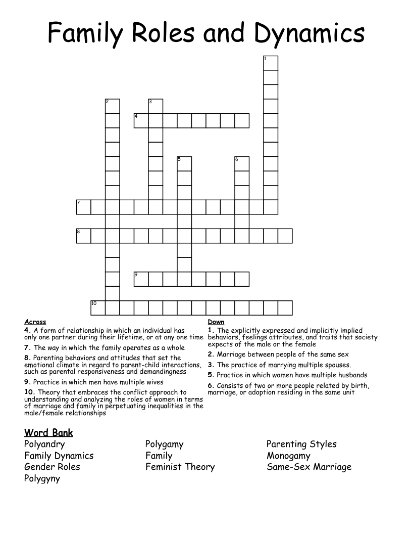 Family Roles and Dynamics  Crossword