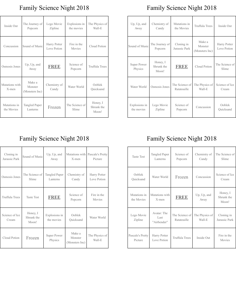 Family Science Night 2018 Bingo Cards