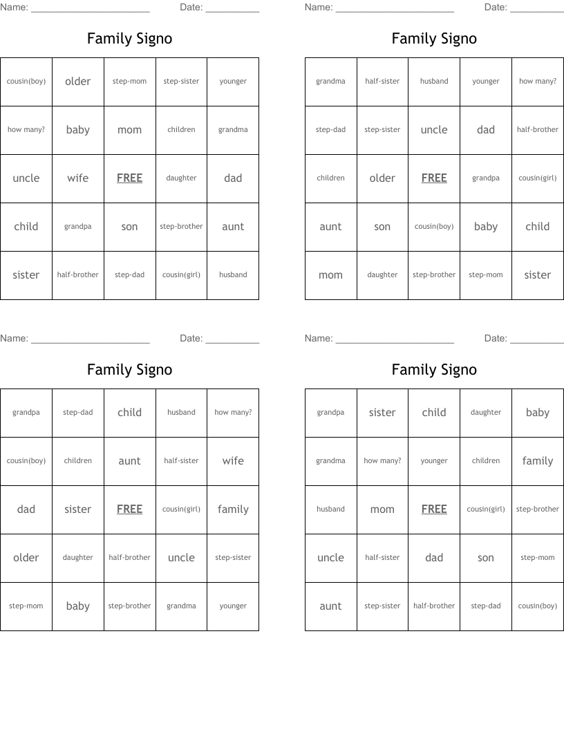 Family Signo Bingo Cards