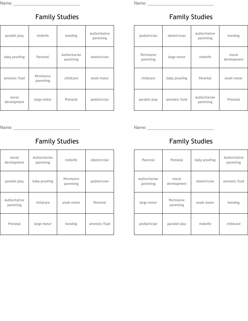 Family Studies Bingo Cards