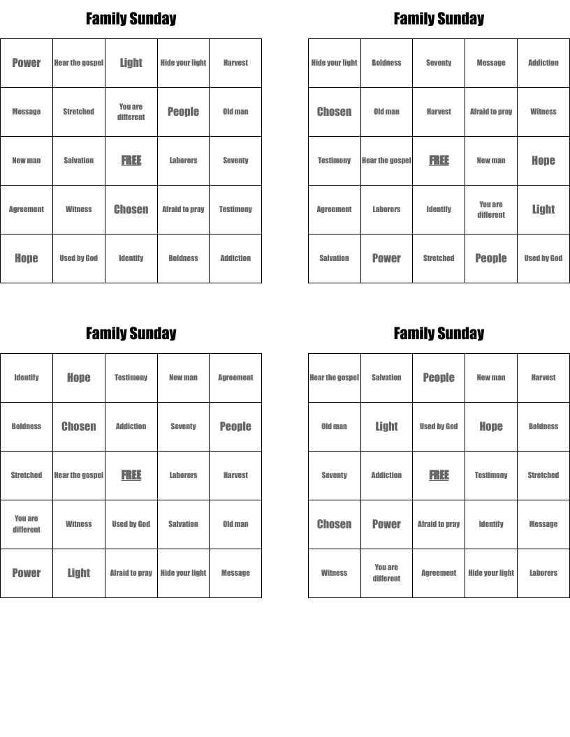 Family Sunday Bingo Cards