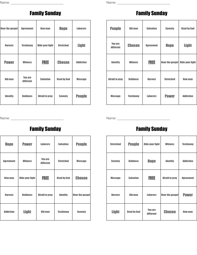 Family Sunday Bingo Cards