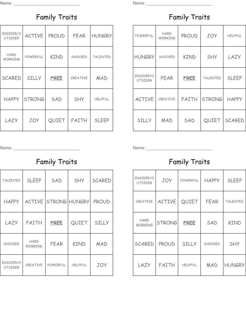Family Traits Bingo Cards