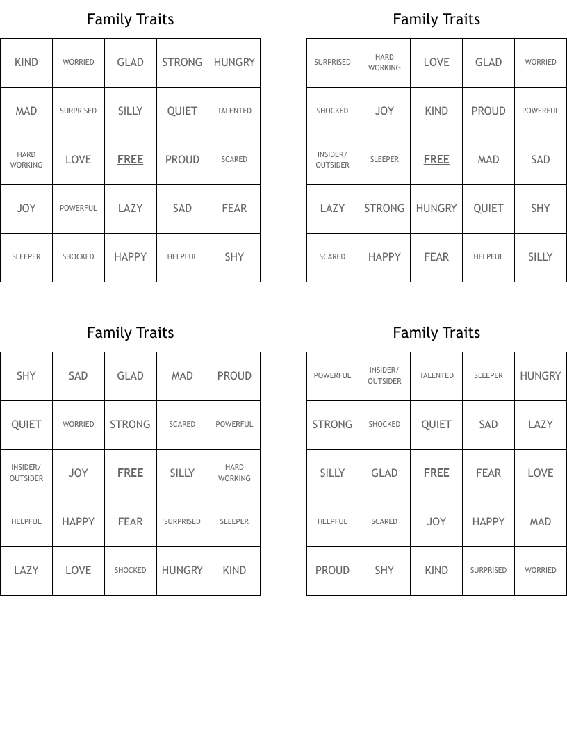 Family Traits Bingo Cards