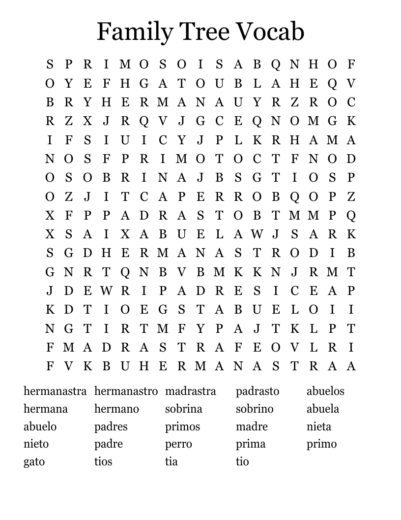 Family Tree Vocab Word Search