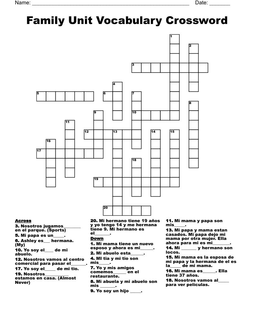 Family Unit Vocabulary Crossword