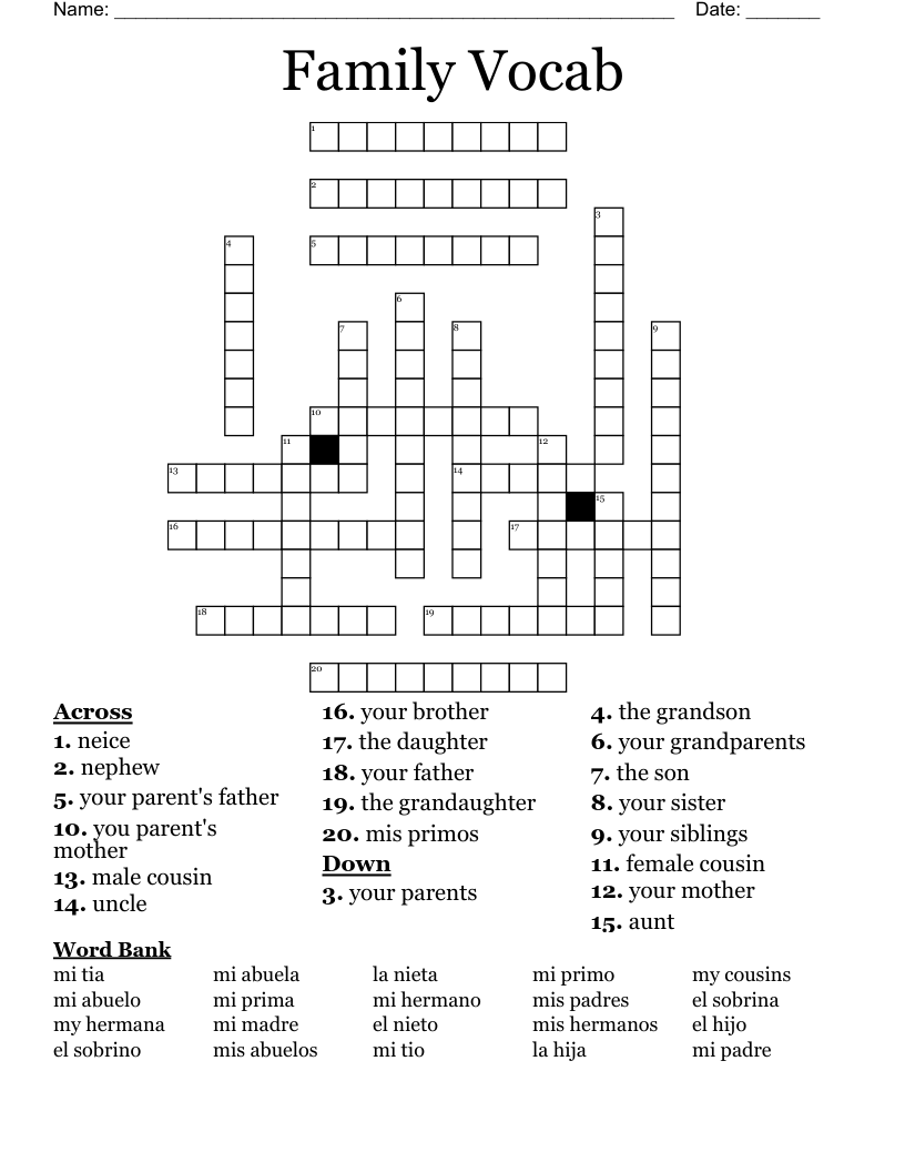 Family Vocab Crossword