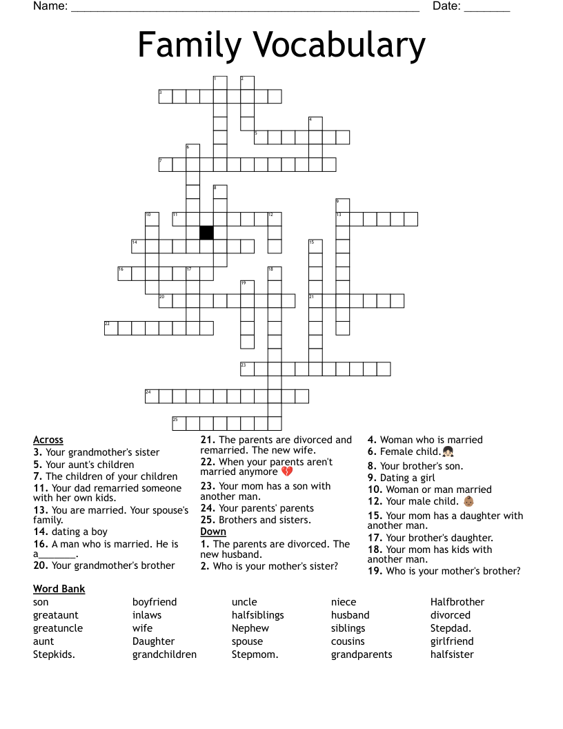 Family Vocabulary Crossword