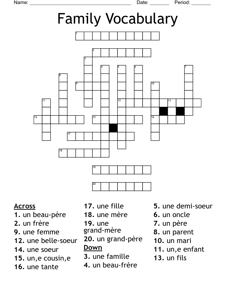 Family Vocabulary Crossword