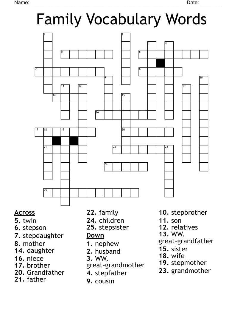 Family Vocabulary Words Crossword