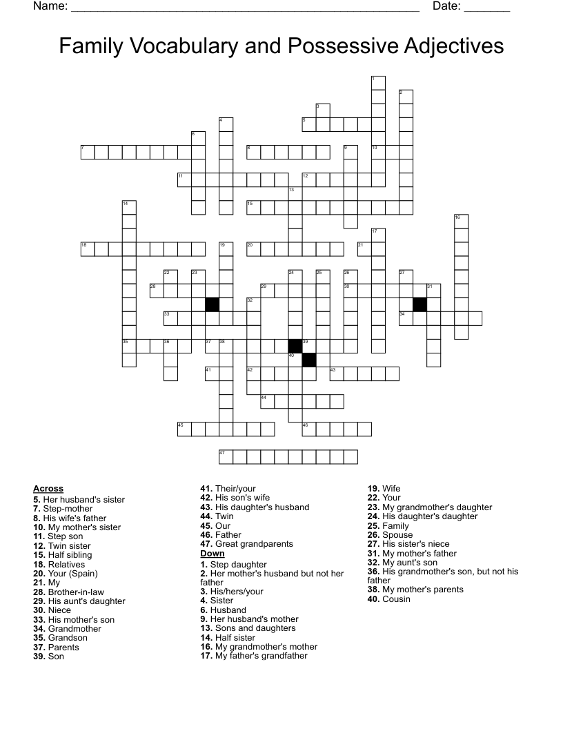 Family Vocabulary and Possessive Adjectives Crossword