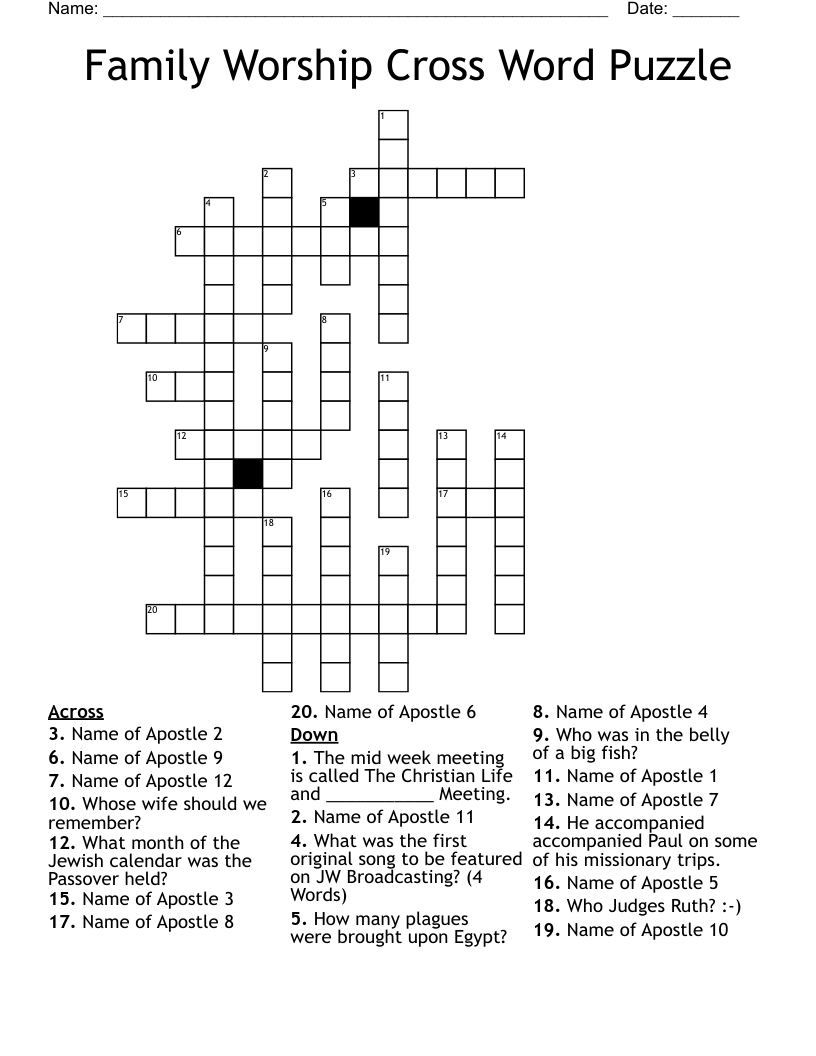 Family Worship Cross Word Puzzle