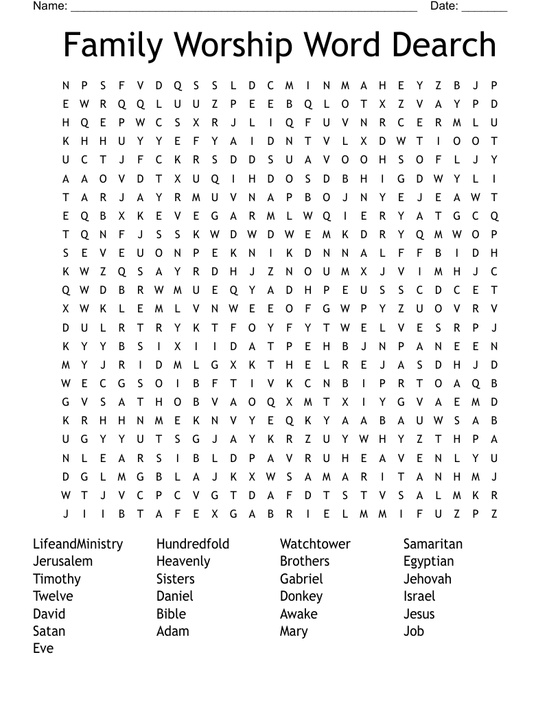 Family Worship Word Dearch  Word Search