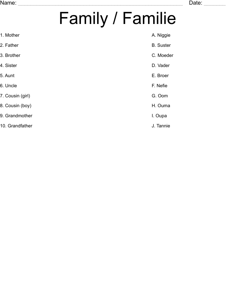 Family / Familie Worksheet