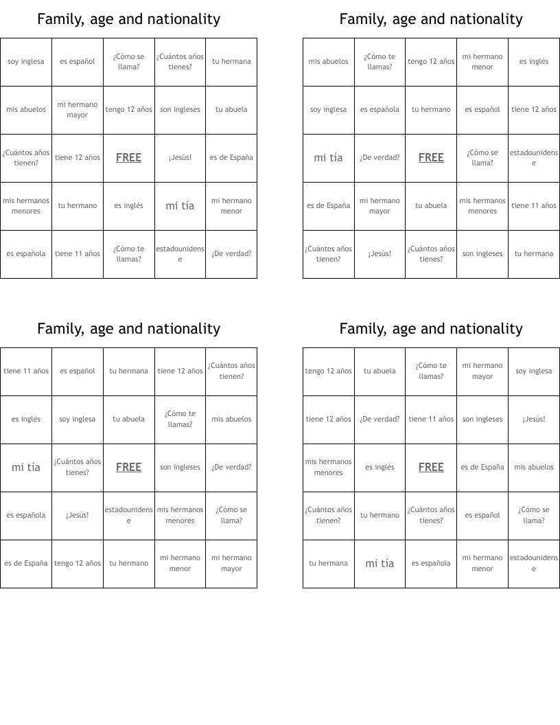 Family, age and nationality Bingo Cards