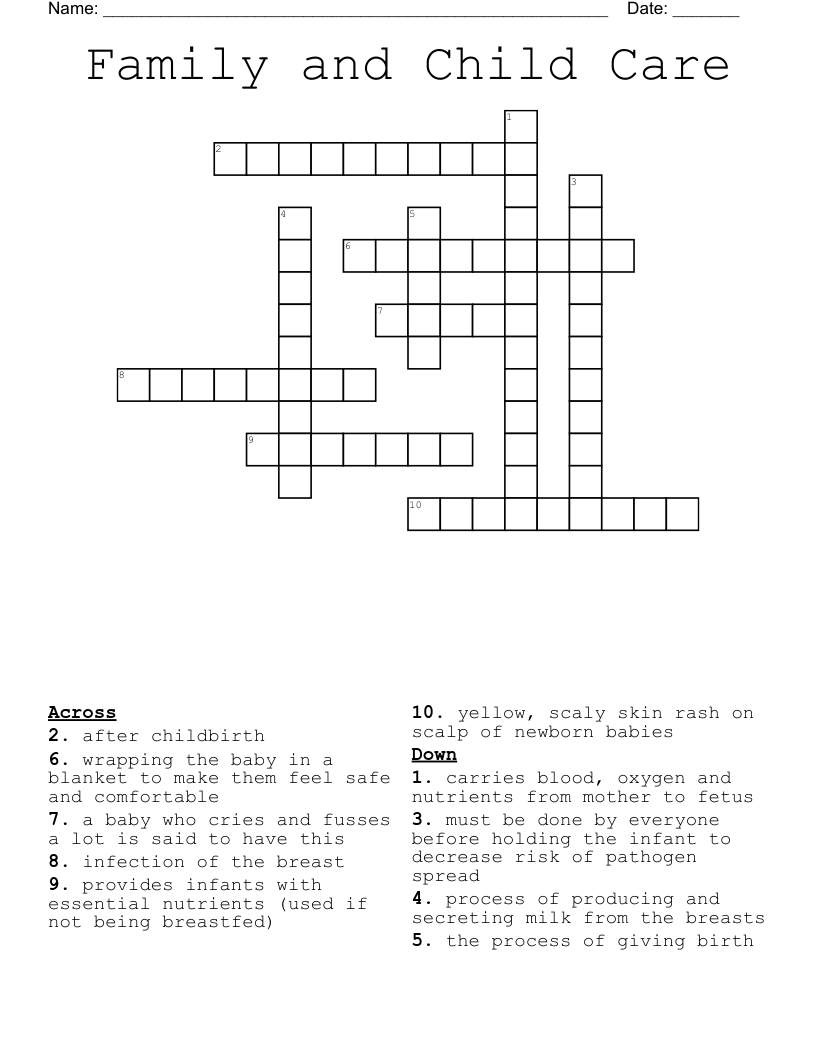 Family and Child Care Crossword
