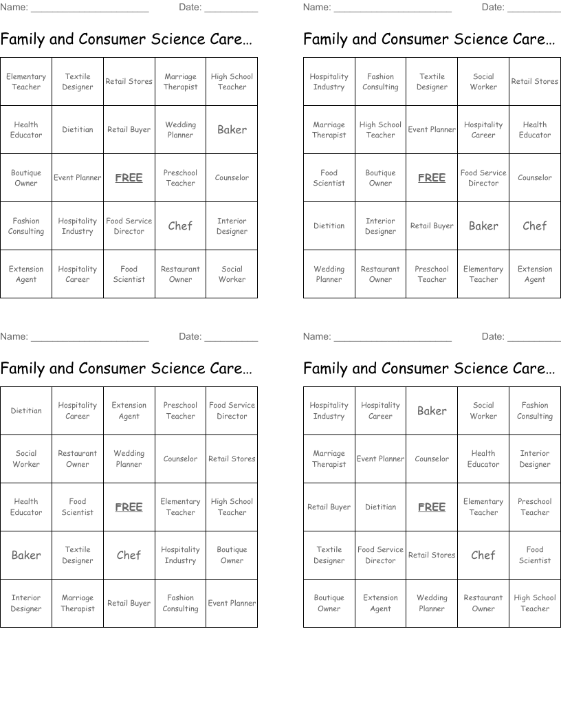 Family and Consumer Science Careers Bingo Cards