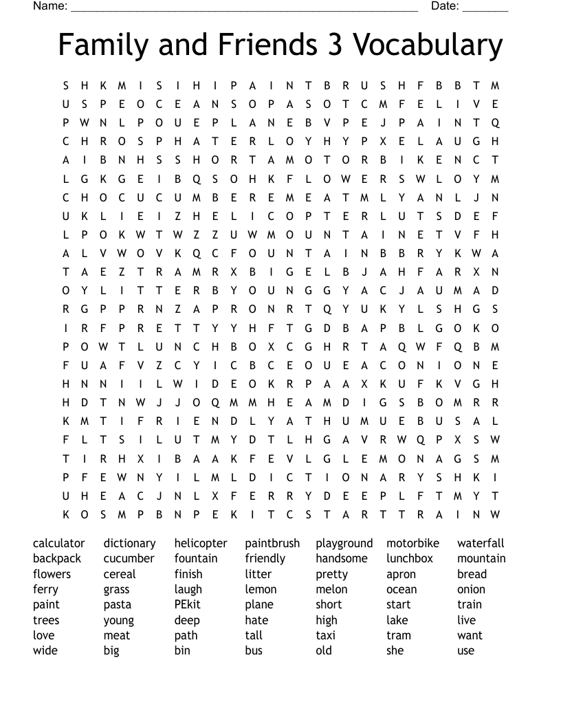 Family and Friends 3 Vocabulary Word Search