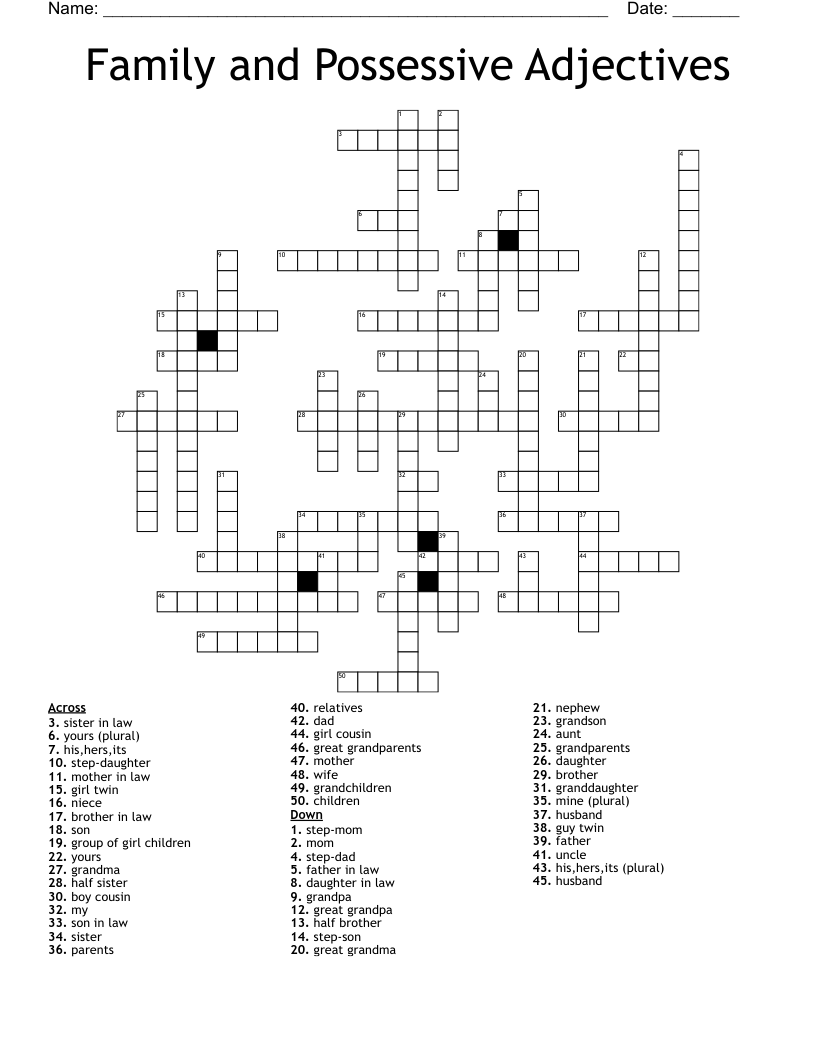 Family and Possessive Adjectives Crossword