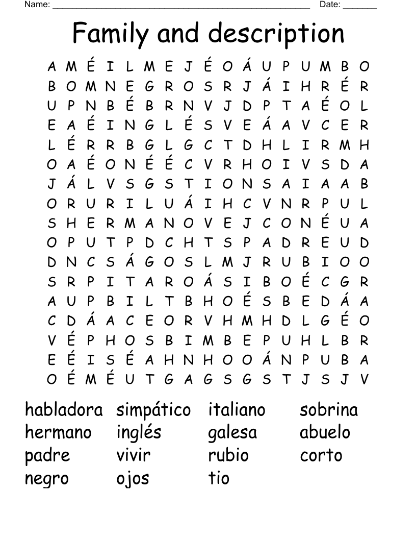 Family and description Word Search