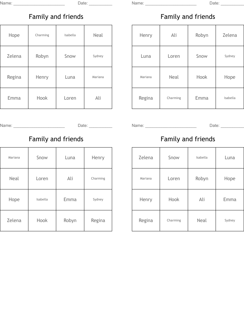 Family and friends Bingo Cards