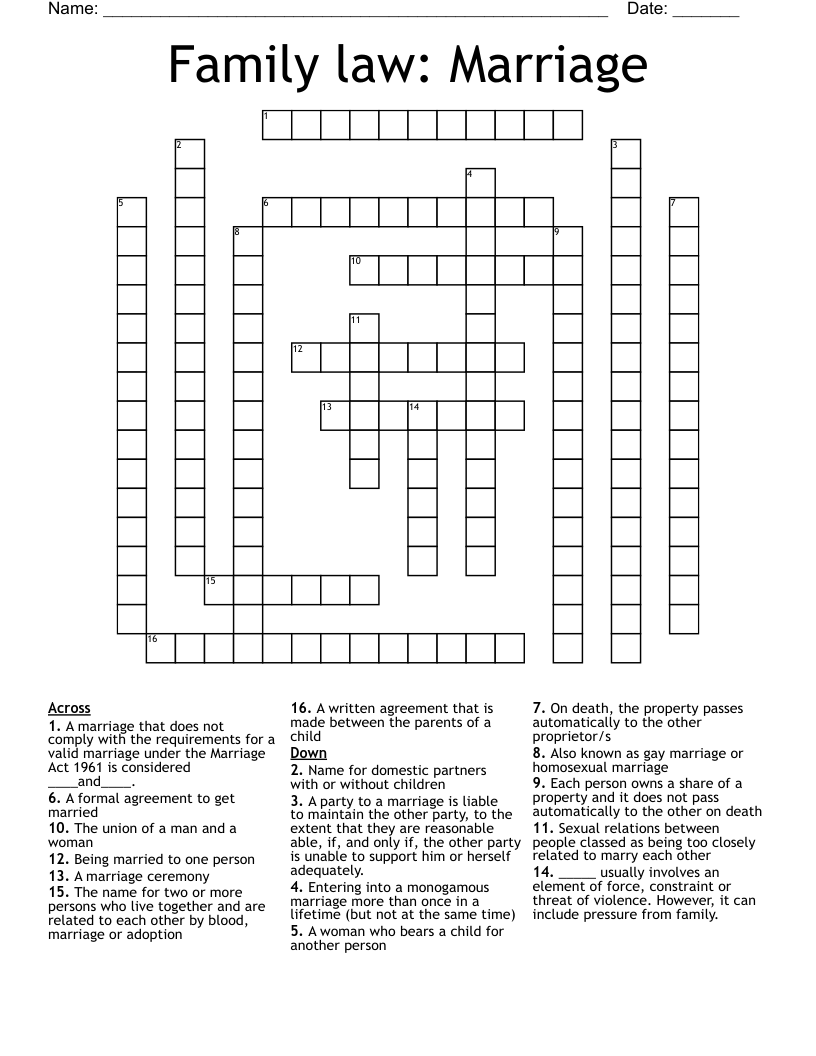 Family law: Marriage Crossword