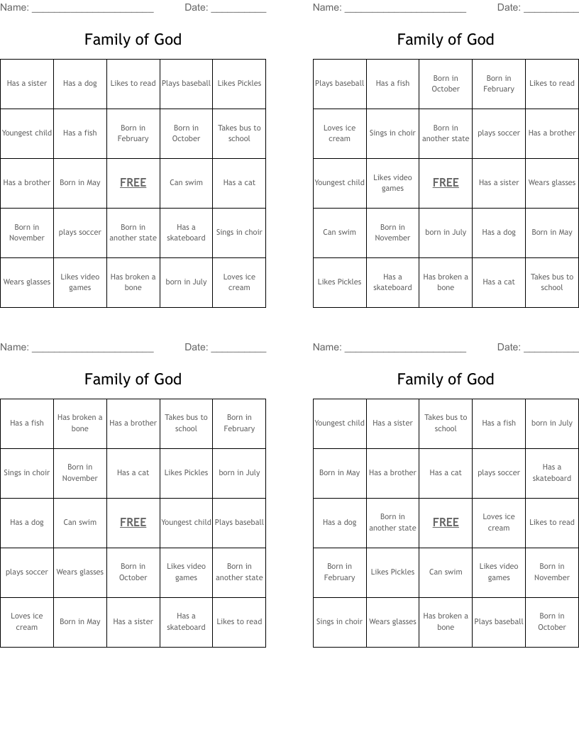 Family of God Bingo Cards