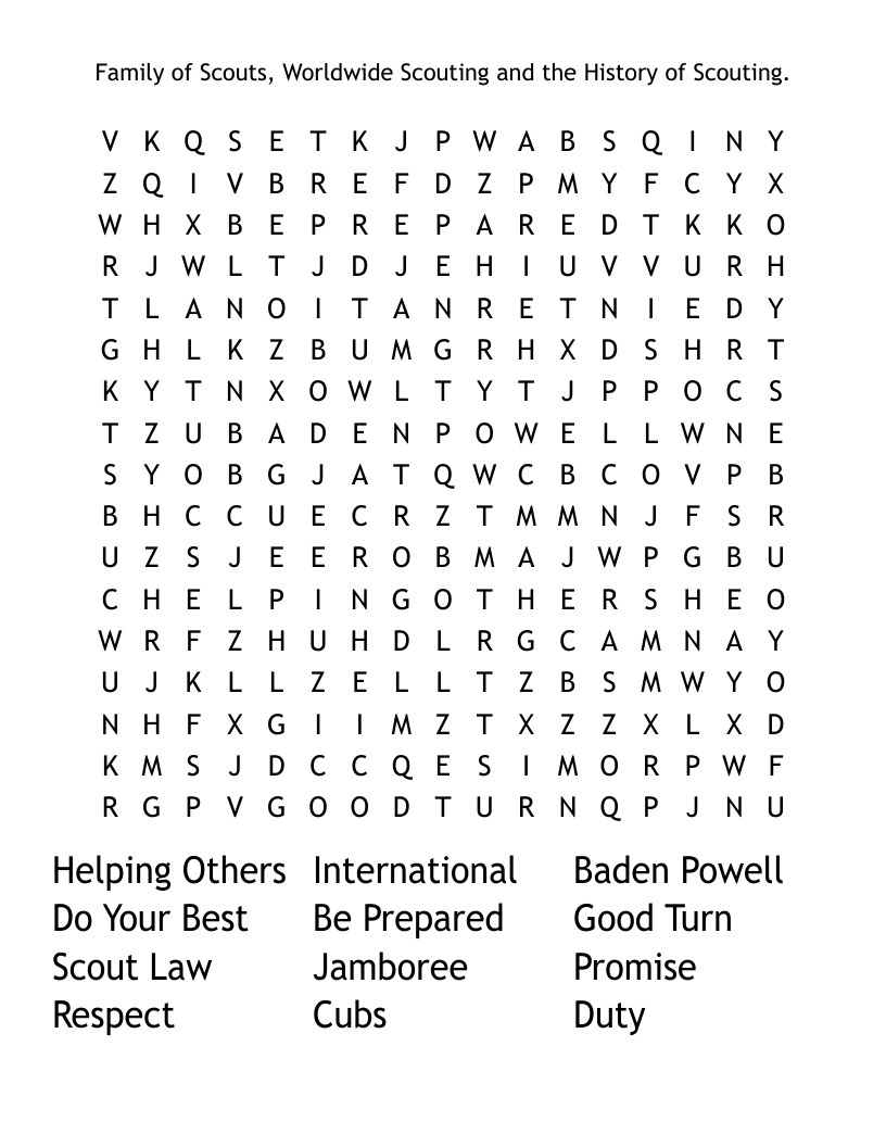Family of Scouts, Worldwide Scouting and the History of Scouting.  Word Search