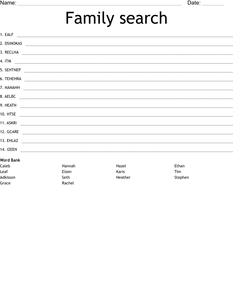 Family search Word Scramble