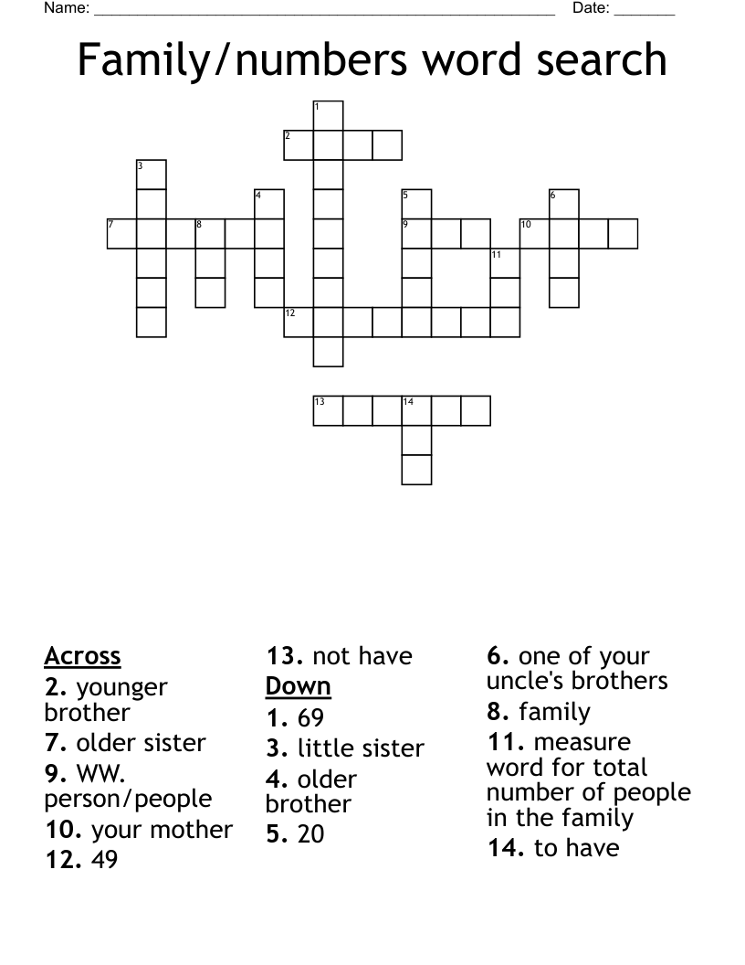 Family/numbers word search Crossword