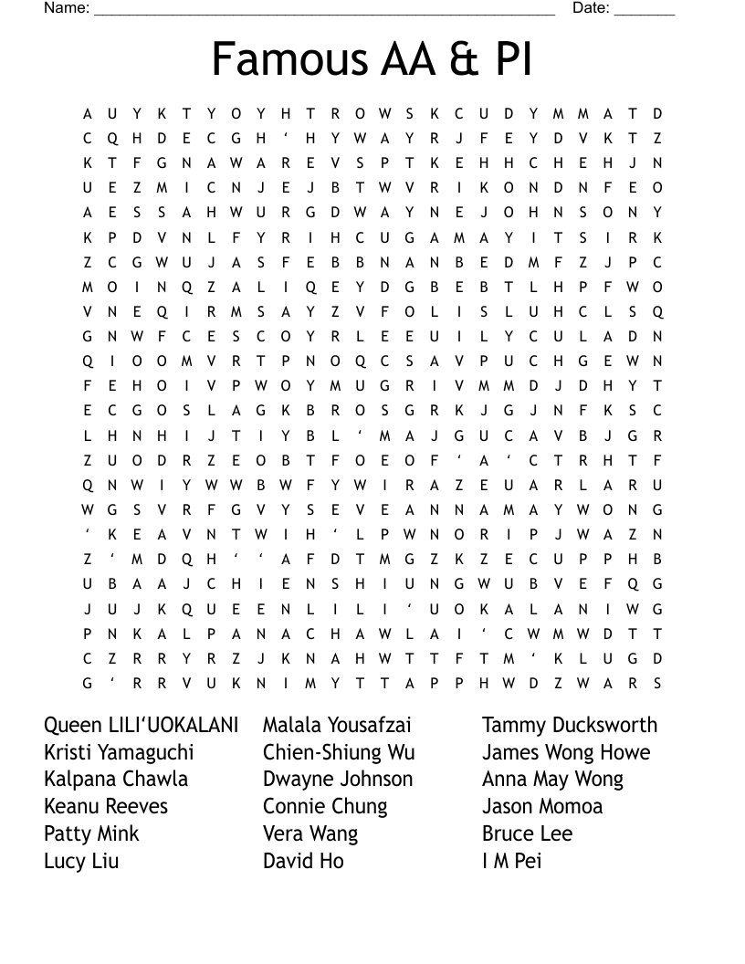 Famous AA & PI Word Search