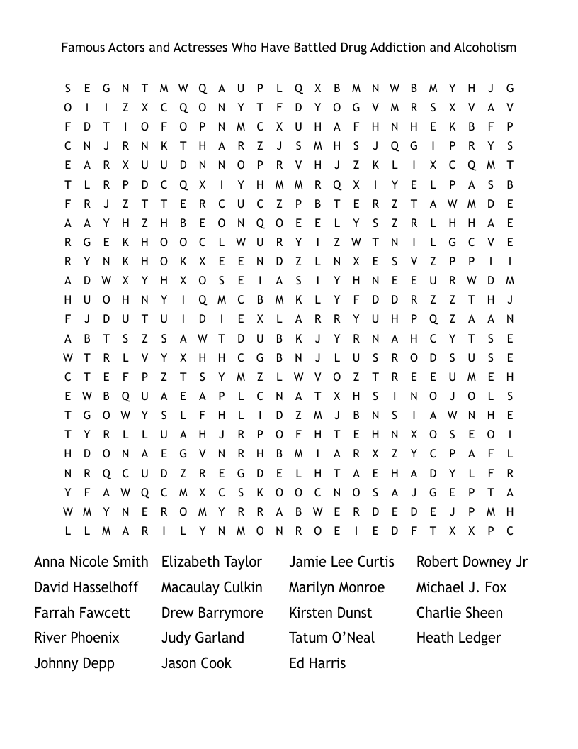 Famous Actors and Actresses Who Have Battled Drug Addiction and Alcoholism Word Search