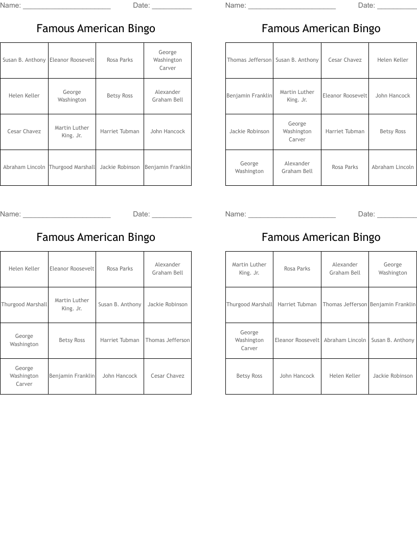 Famous American Bingo