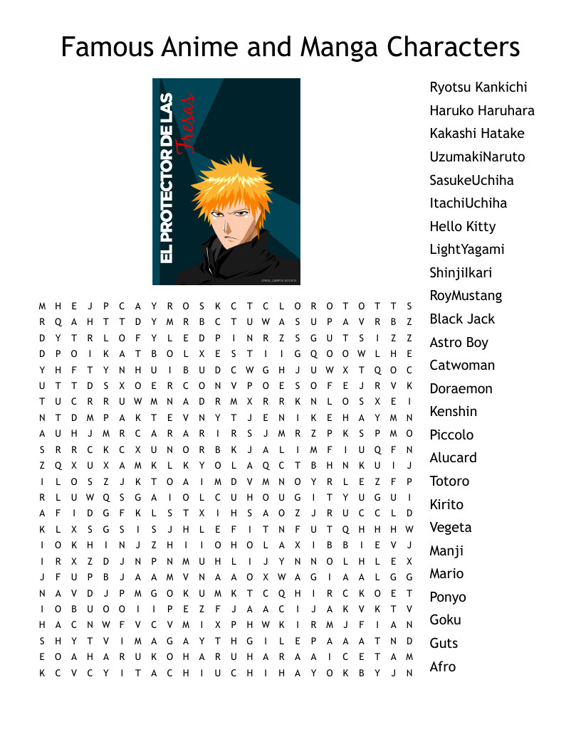 Famous Anime and Manga Characters Word Search